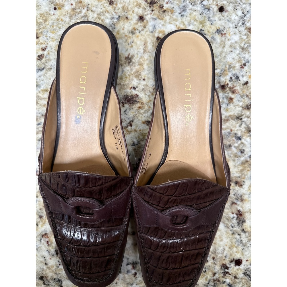Maripe Jennifer Brown Leather Croc Embossed Mules Loafer Slides Womens 7.5 M - Picture 5 of 9